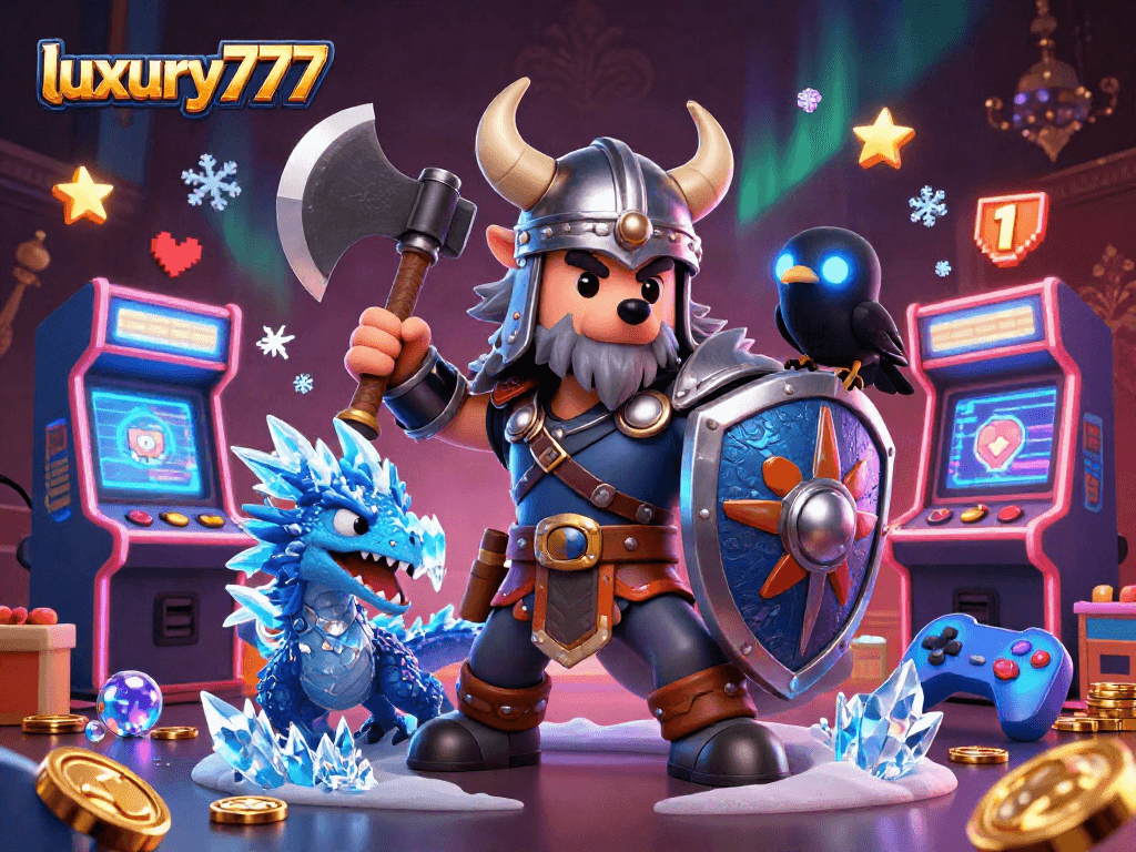 Menangkan jackpot dalam permainan luxury777 dengan ilustrasi kekuatan dan keberanian karakter kartun.