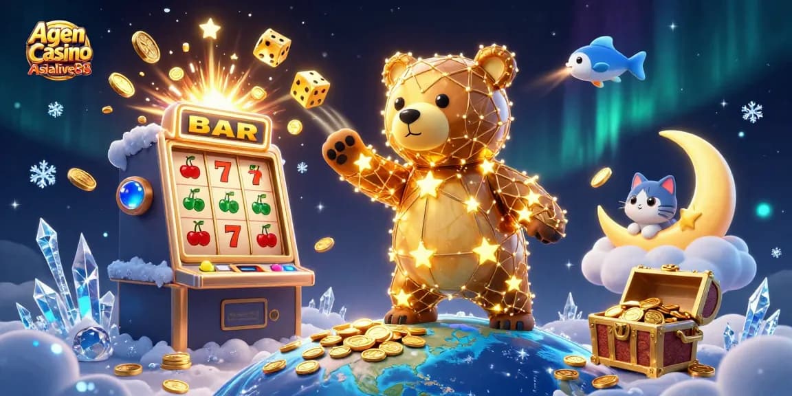 Agen Casino Asialive88 showcases exciting winnings with a celestial bear and jackpot elements.