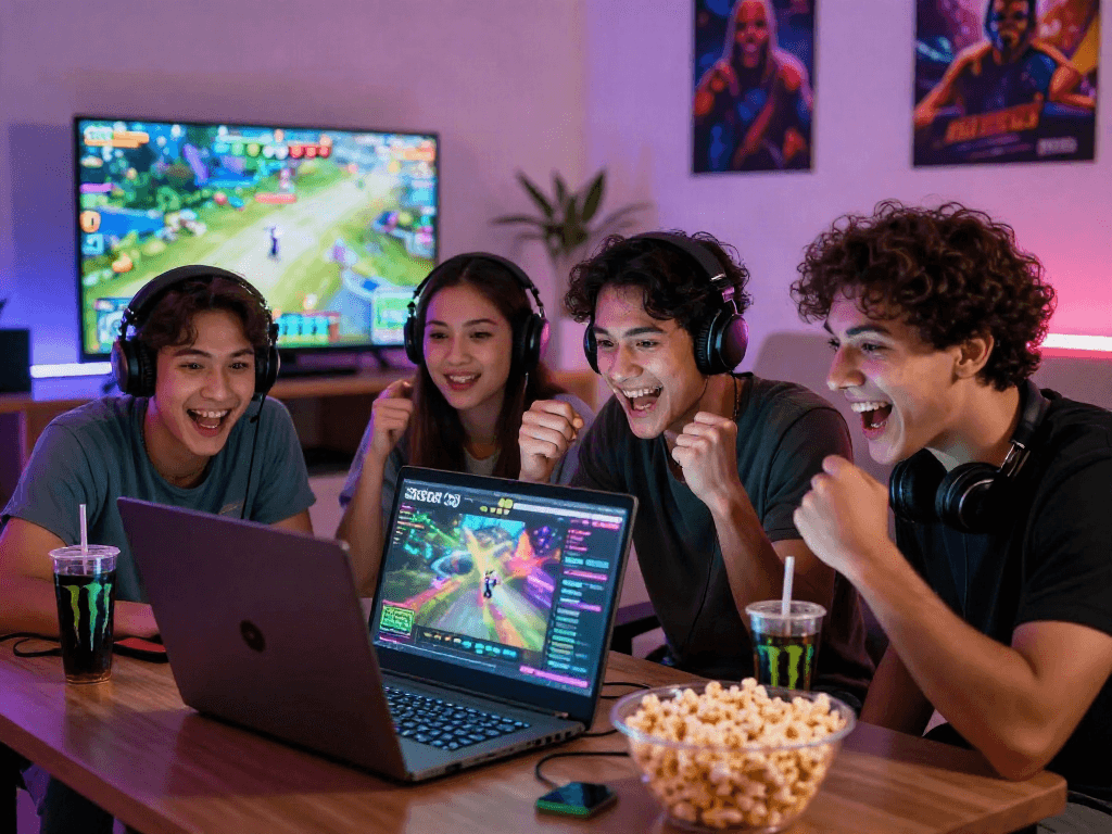 Friends enjoying gaming session on situs slot qris platform, with exciting expressions and colorful screen reflections, surrounded by snacks in cozy living room.