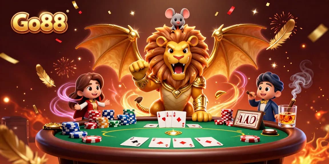 Experience thrilling gameplay at Go88 with an exhilarating 3D casino scene featuring poker tables, vibrant chips, and dynamic characters.