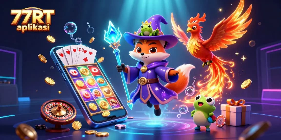 Engage with the vibrant 77RT aplikasi scene featuring a wizard fox and phoenix amidst casino action.