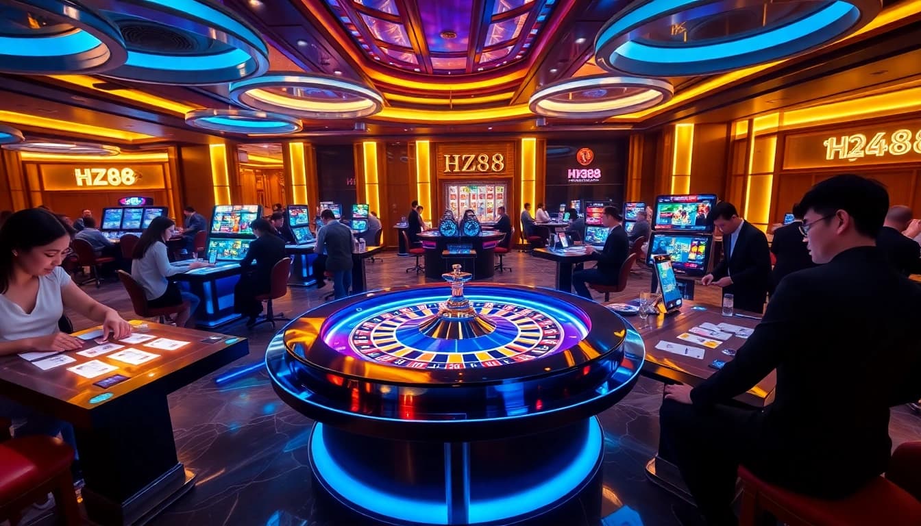 Professional players interacting with HZ88 asian digital casino tables showcasing live betting and strategic gameplay features