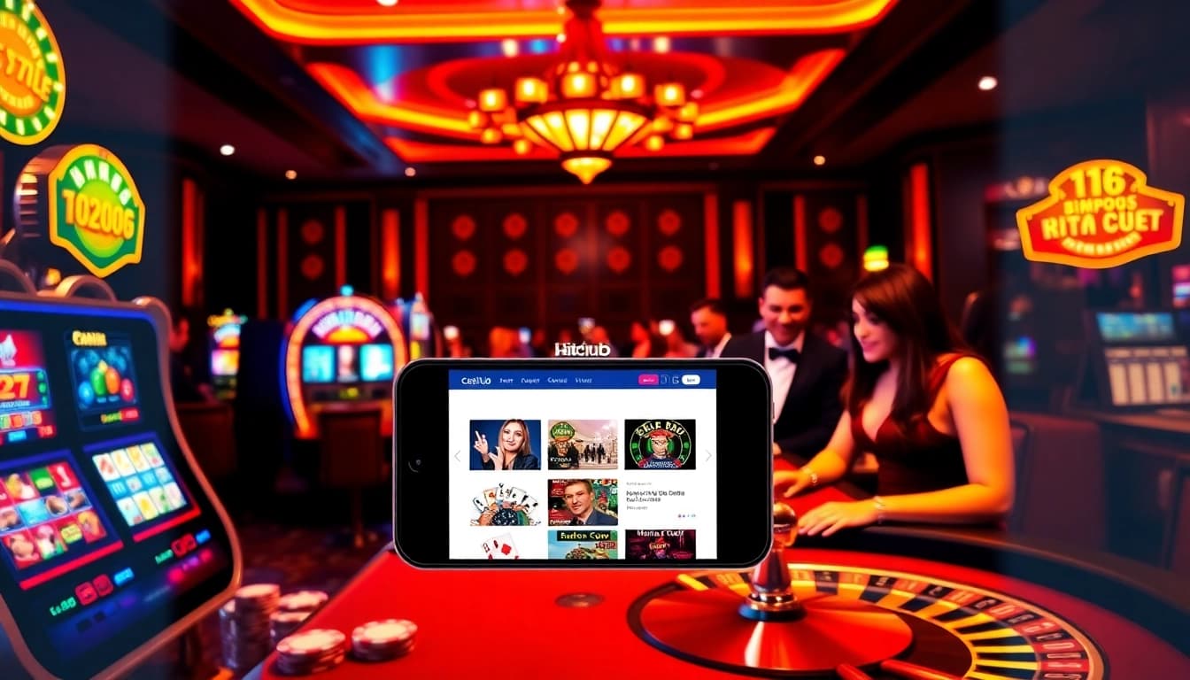 Exciting mobile gambling scene at hitclub web, featuring players engaging with live dealers and vibrant slot machines.