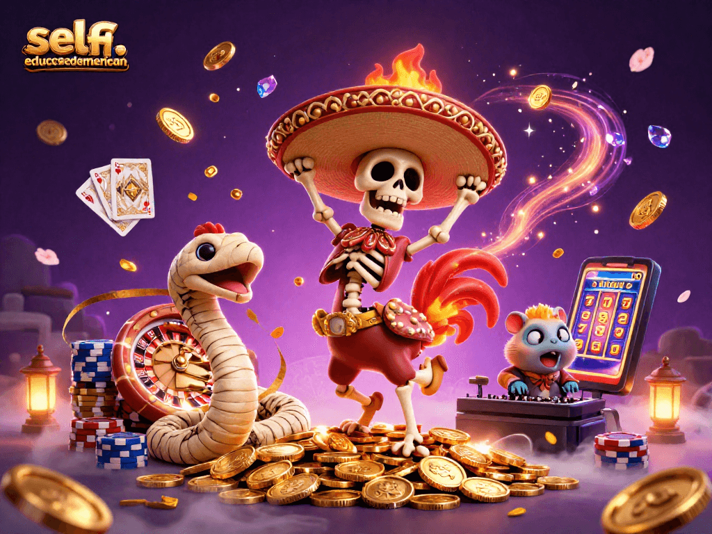 selfeducatedamerican captures a jubilant mariachi rooster dancing on gold coins with a mummy snake and DJ hamster, celebrating casino wins.