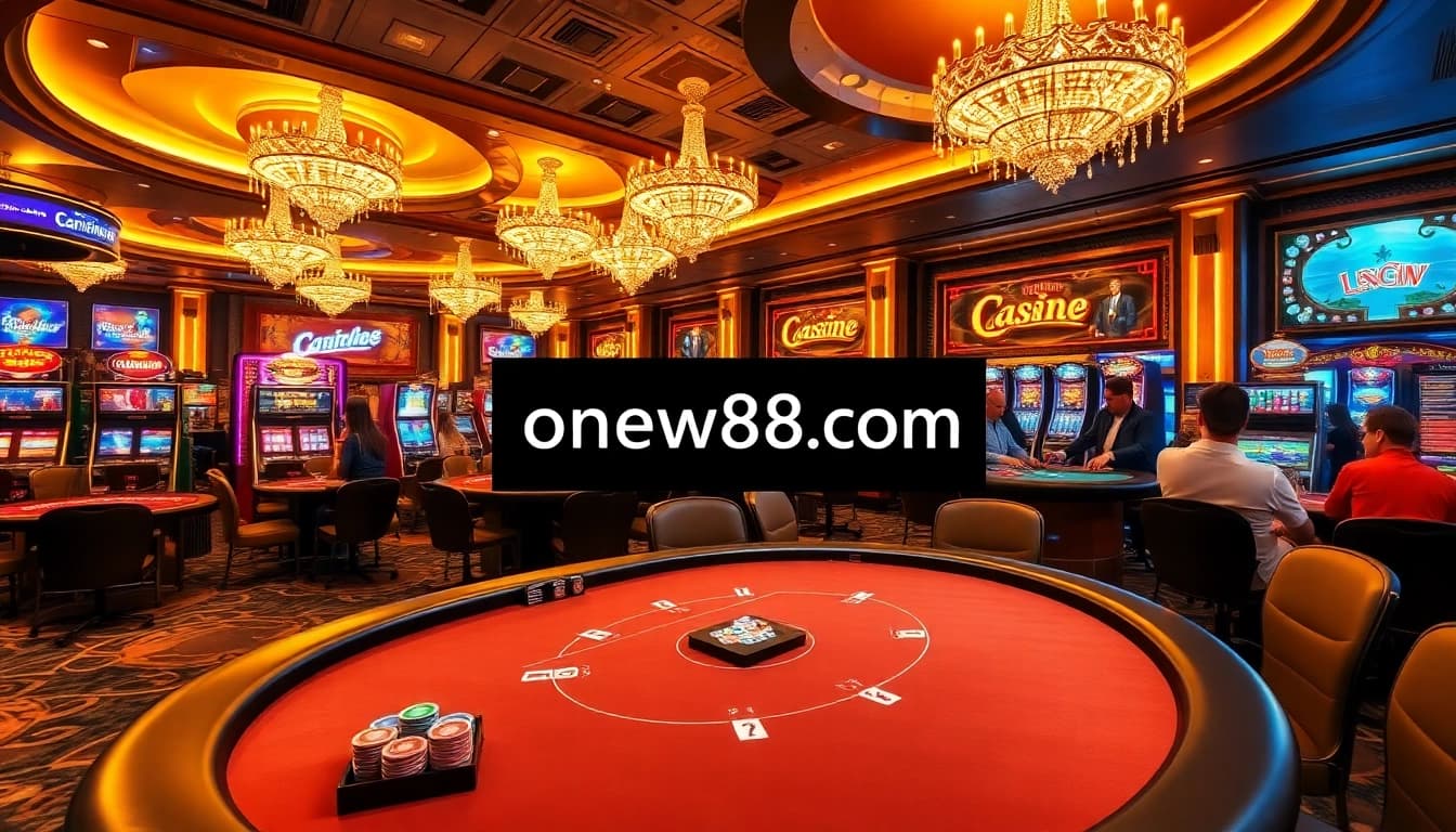 Exciting gaming experience at a luxurious casino featuring slot machines and roulette tables, showcasing https://onew88.com/.