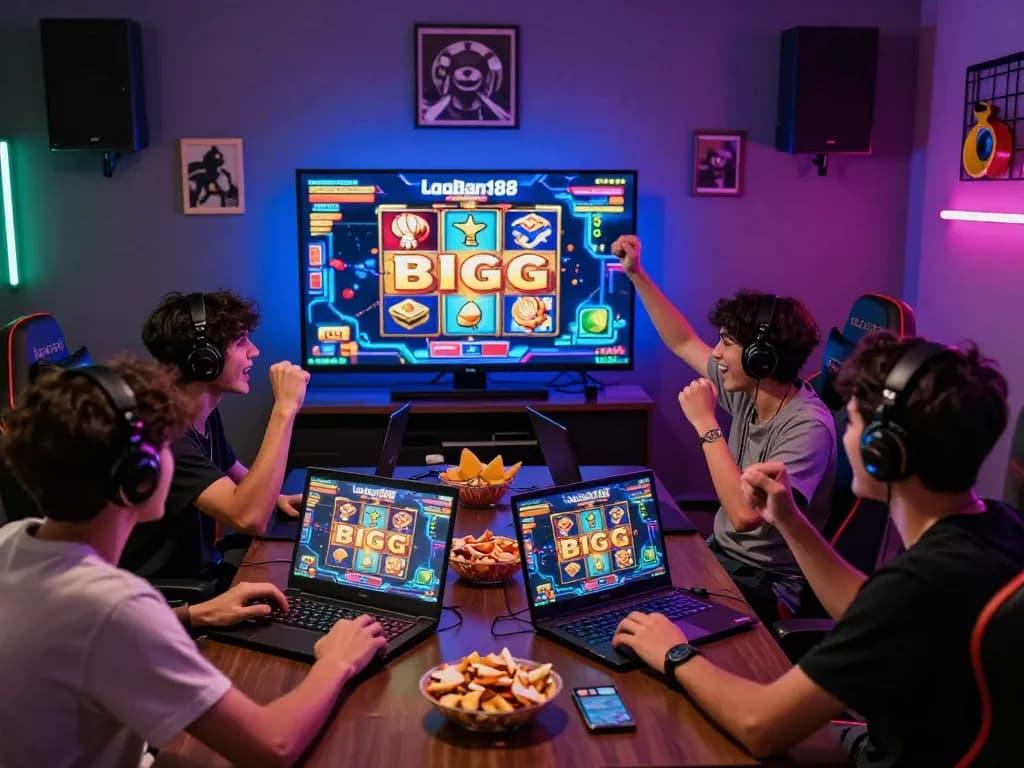 Sahabat merayakan kemenangan besar di laoban188 slot gacor terpercaya di ruang permainan yang meriah dengan dekorasi berwarna-warni dan teknologi.