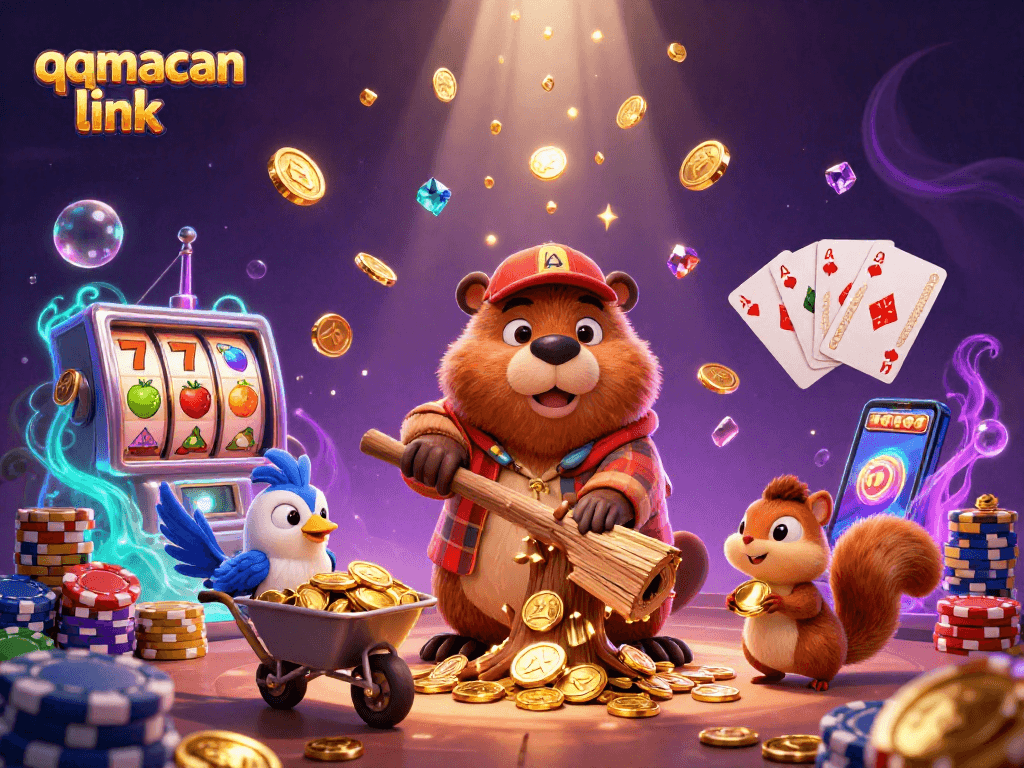 Experience thrilling gameplay with qqmacan link as a cartoon beaver chops a tree raining coins amidst colorful slot elements