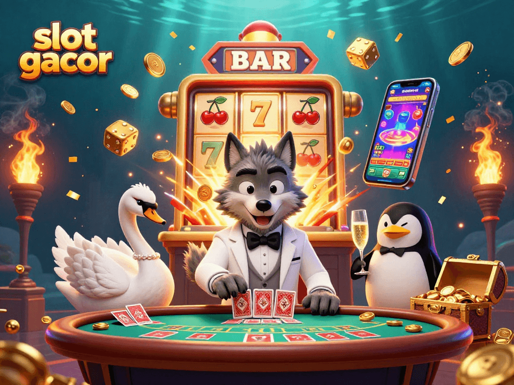 Experience the excitement of slot gacor with this engaging casino illustration of a wolf, swan, and penguin.