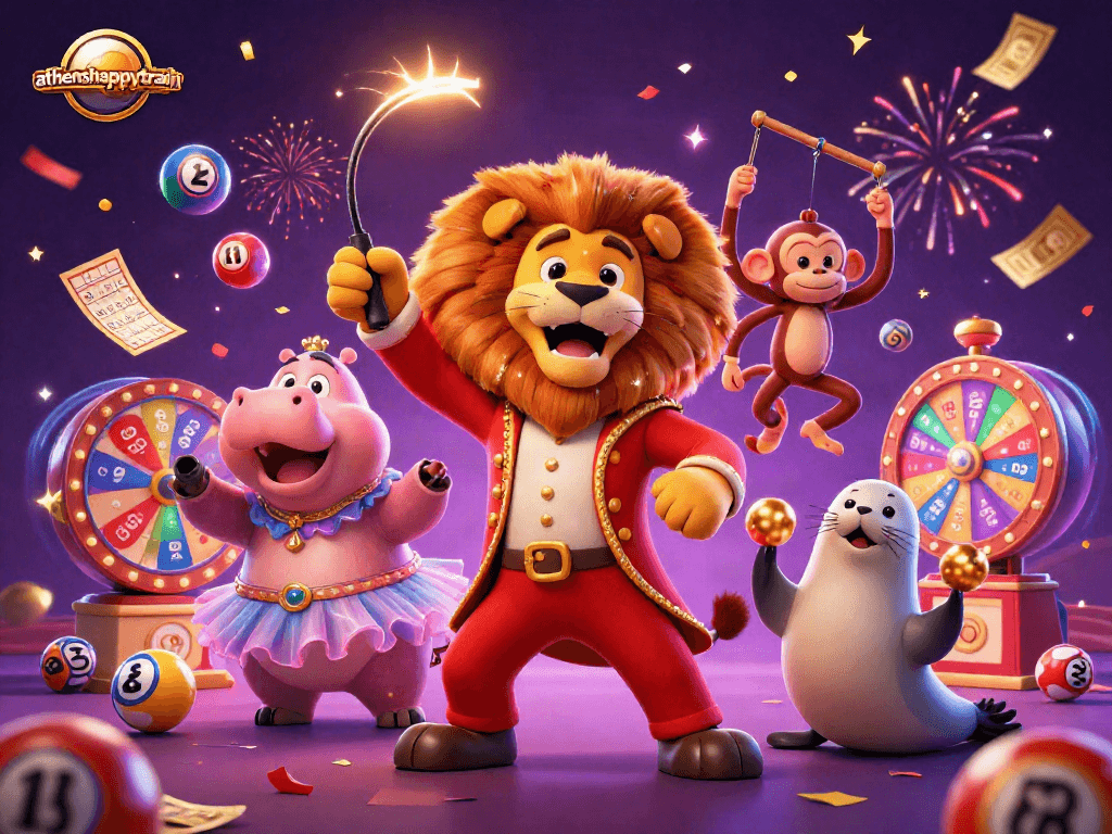 Experience the thrill of athenshappytrain with vibrant bingo and lottery games in an animated scene.