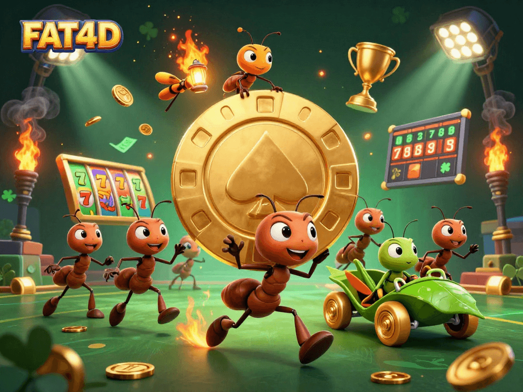 FAT4D showcases a thrilling scene with cartoon ants heisting a giant chip amidst slot machine elements, perfect for gambling enthusiasts.