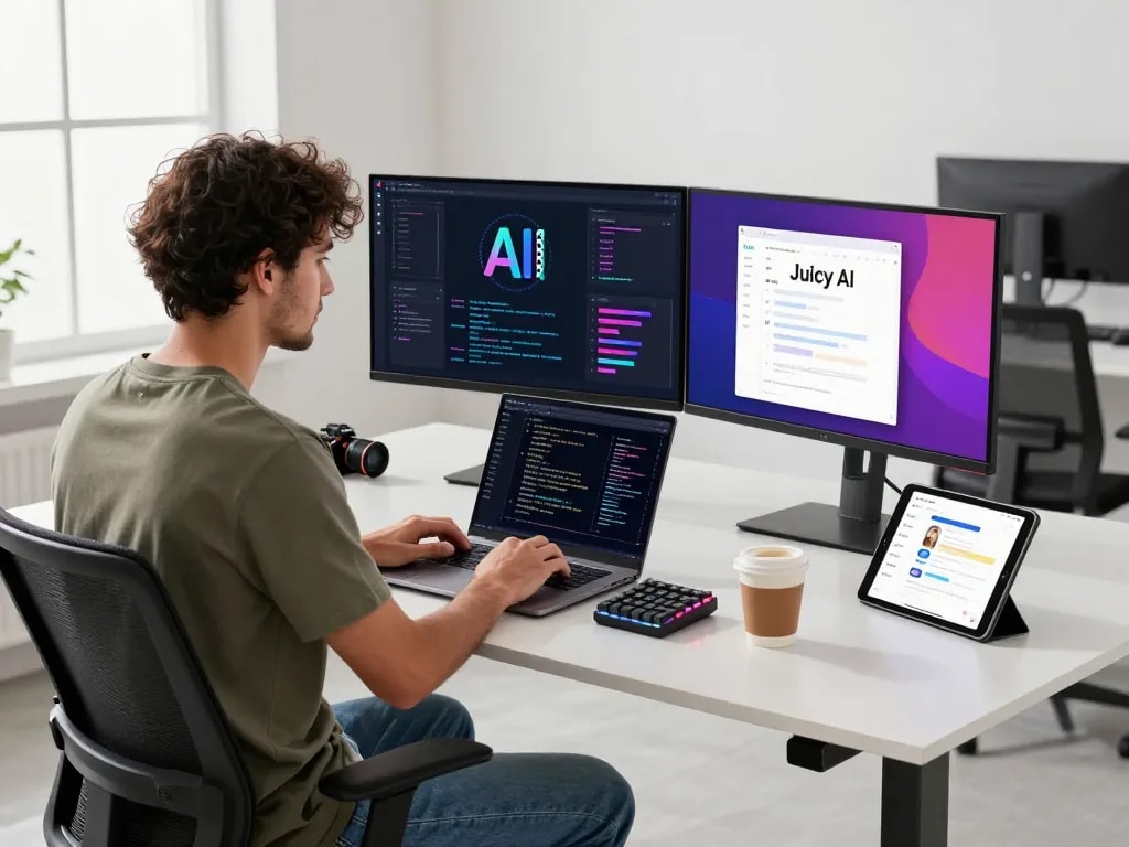 Developer programming Juicy AI on dual monitors in a bright tech workspace.