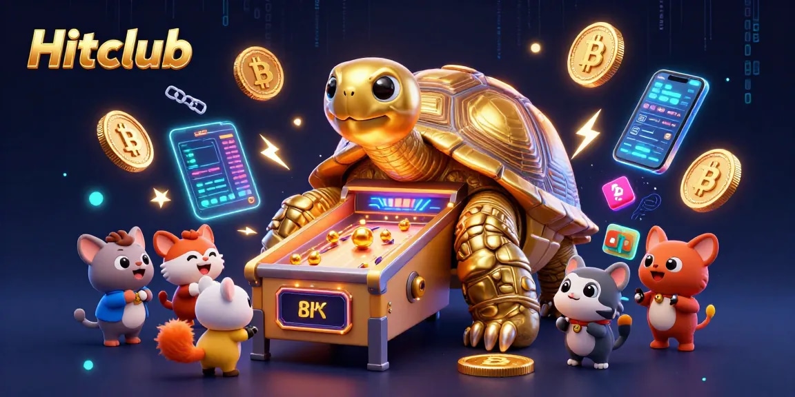 Engage with Hitclub's thrilling gaming experience featuring a colossal tortoise pinball machine amidst vibrant crypto elements.