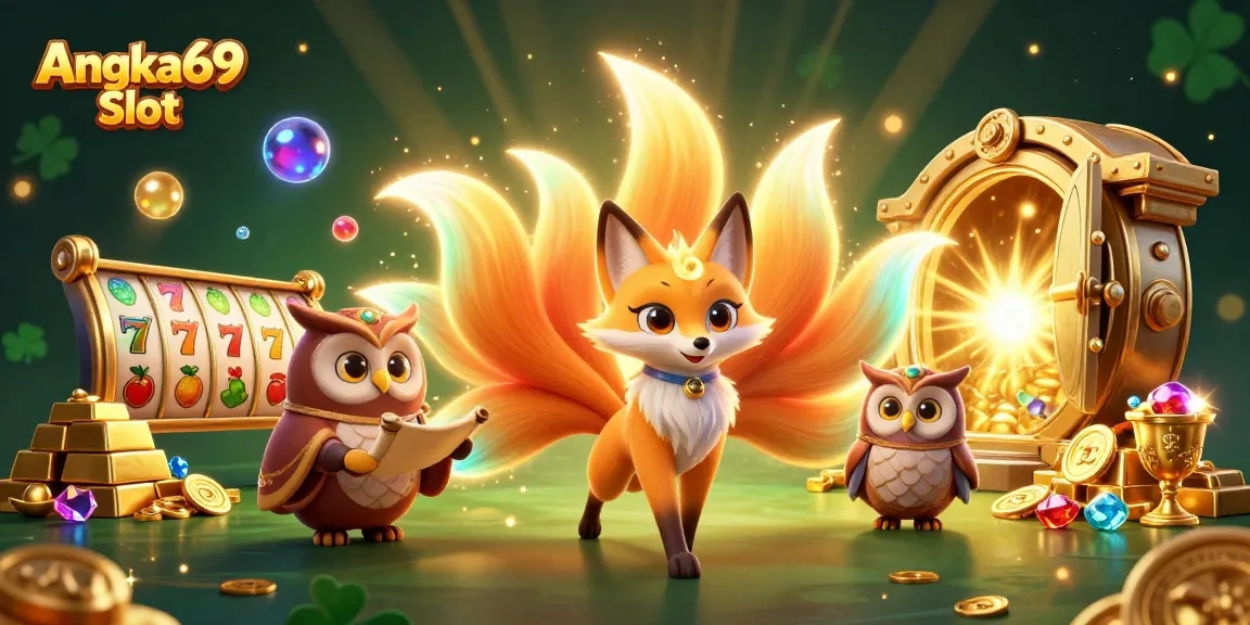 Engage with Angka69 Slot, a vibrant scene showcasing a playful nine-tailed fox and wise owl amidst gold treasures and slot symbols.