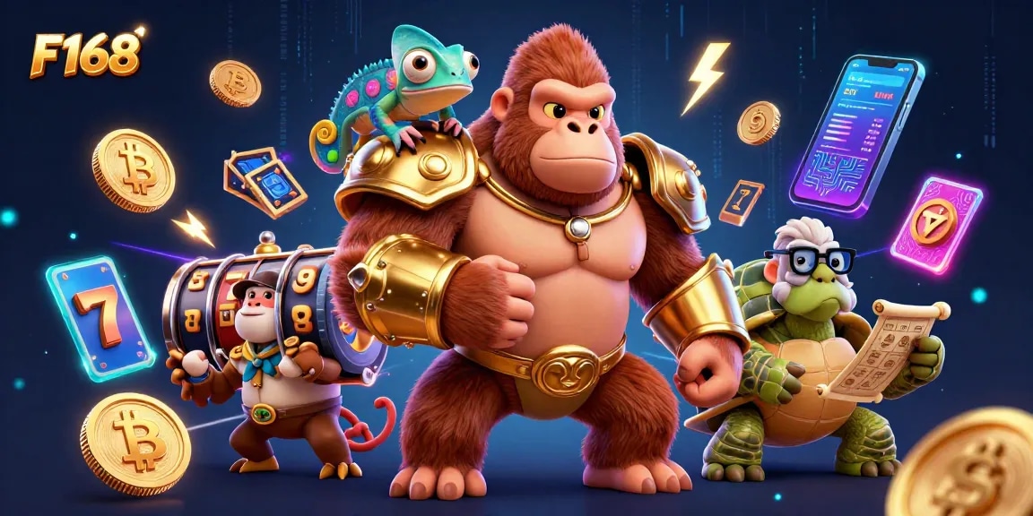 Experience thrilling gameplay at F168, featuring a powerful gorilla king and vibrant casino elements.