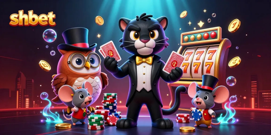 shbet featuring a stylish panther dealing cards and an owl with poker chips, surrounded by vibrant gaming elements.