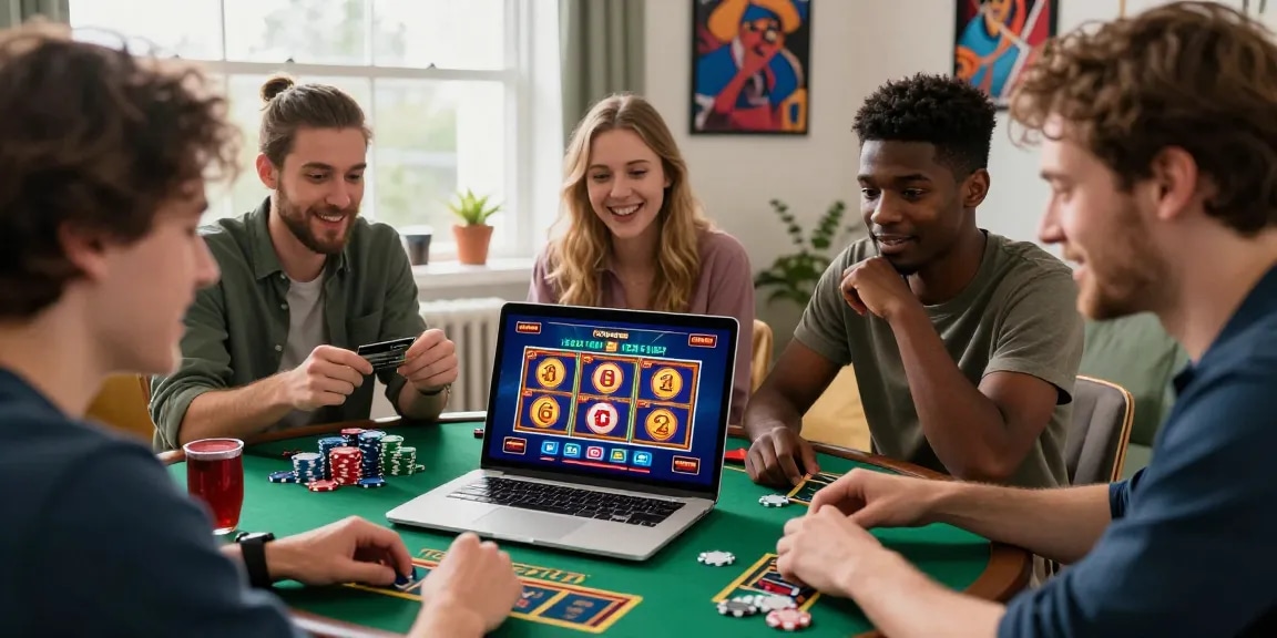 Engaging scene of friends enjoying online gambling at being-there.org.uk credit card casino, with vibrant graphics and atmosphere