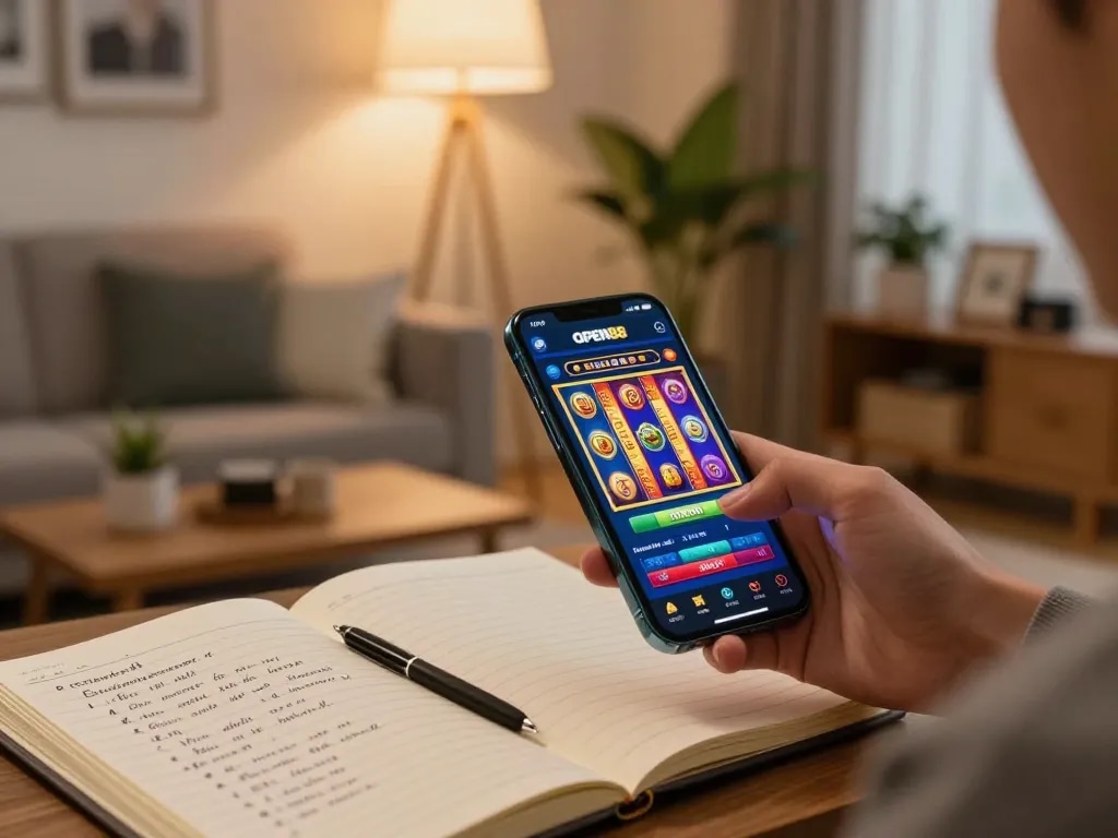 Engaging with the OPEN88 casino app on a smartphone in a stylish living room during a gaming session.