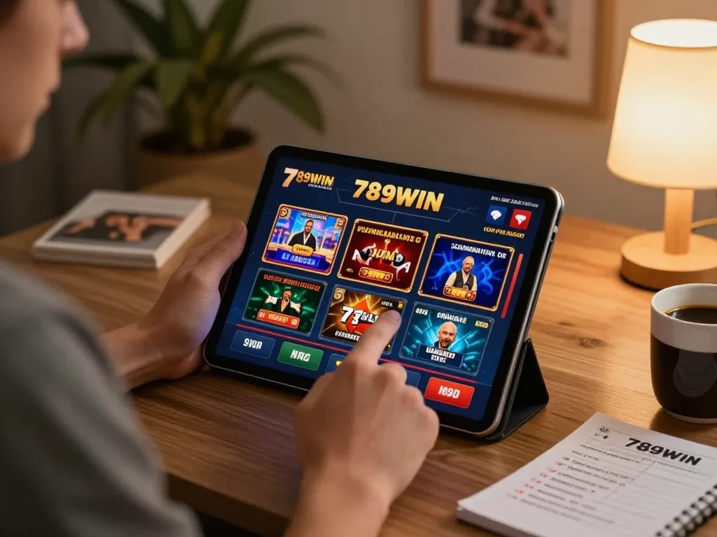 Experience dynamic online casino gaming with 789WIN on tablet during a cozy evening.