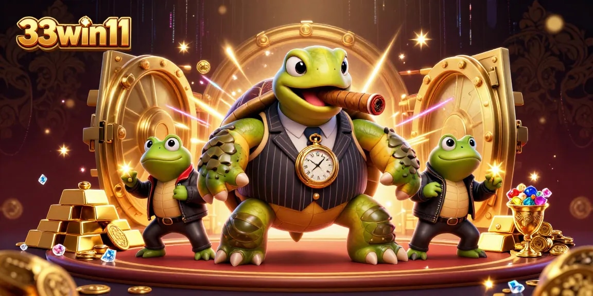 Experience the thrill of 33win11 with a rich casino ambiance featuring a snapping turtle mob boss and bullfrog enforcers.