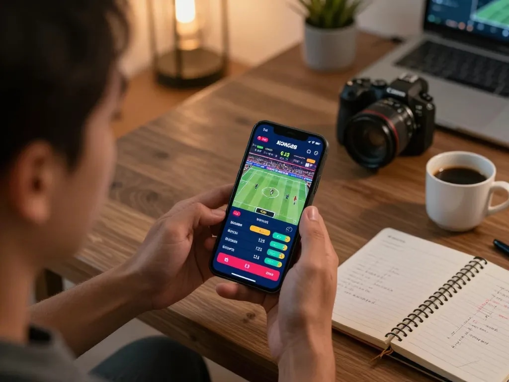 KONG88 sports betting excitement on a smartphone with live odds in a cozy home setup.