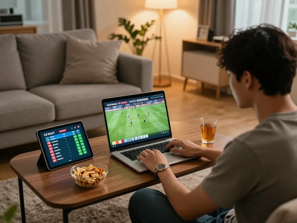 Cà Khịa TV user engaged in live football streaming and betting in a cozy home setting.