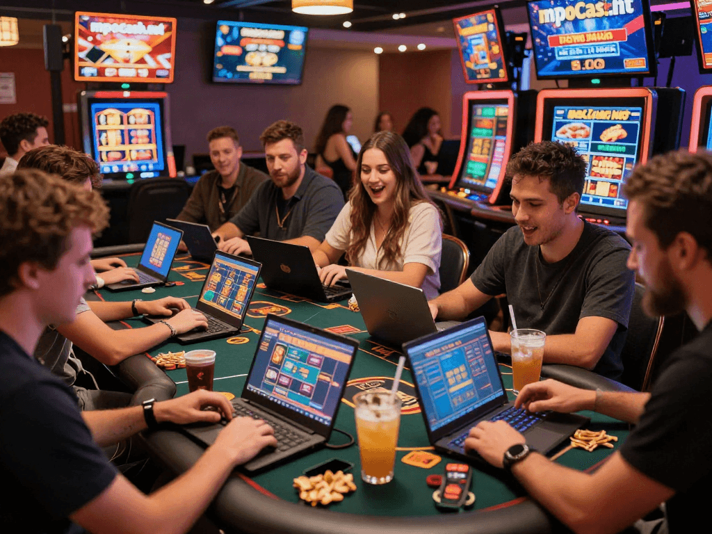 Exciting casino atmosphere with friends gaming online at mpocash.net, showcasing vibrant screens and lively engagement.