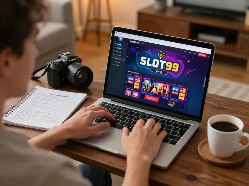 SLOT99 engaging online casino gaming experience at home with laptop, cozy setting, focused atmosphere