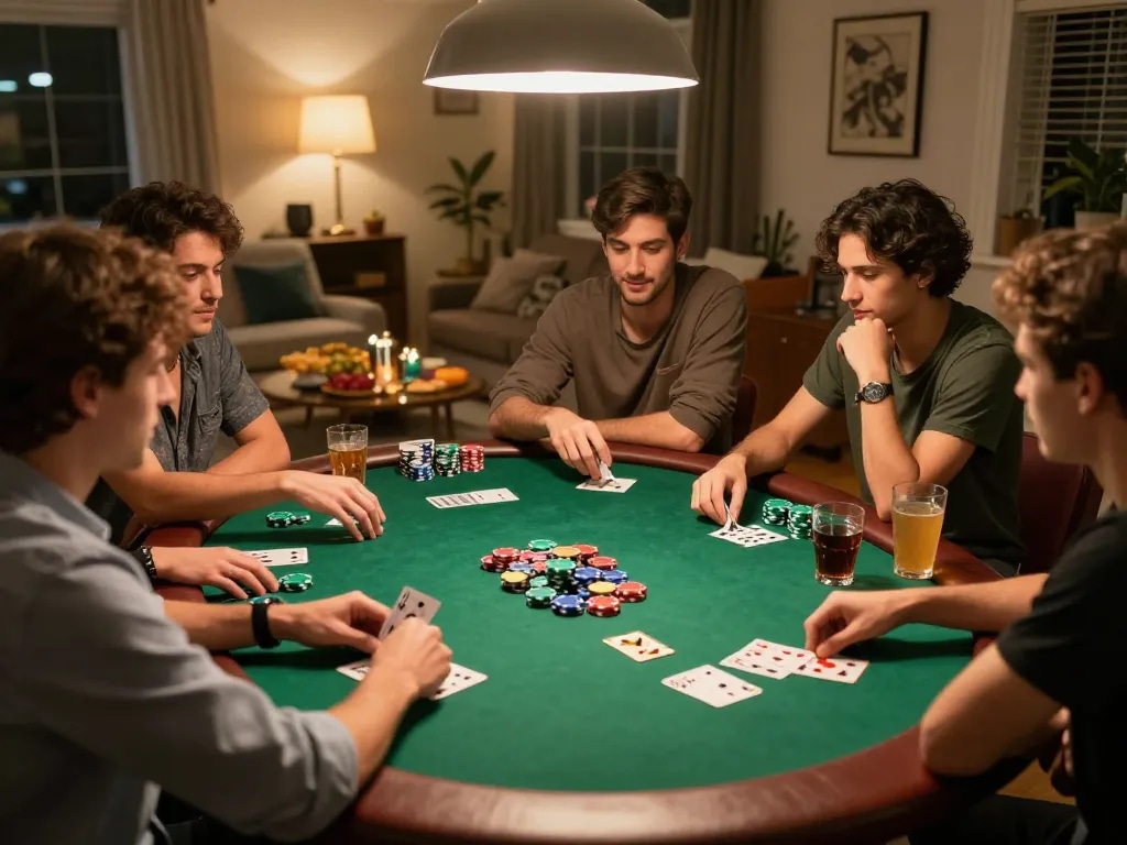 Teman-teman yang terlibat dalam permainan poker kompetitif selama malam poker di rumah, menampilkan pengalaman aman788 melalui permainan yang strategis dan interaksi yang hidup.