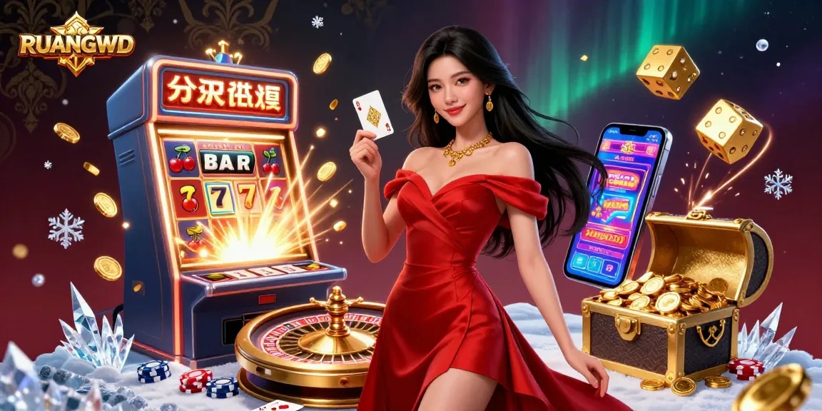 Experience the thrill of RUANGWD with a young Asian woman at a dazzling casino scene, showcasing winning cards and games.