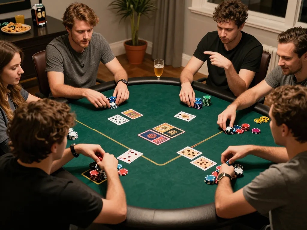 Watch players strategize in a home poker night with open888, chips and cards visible.
