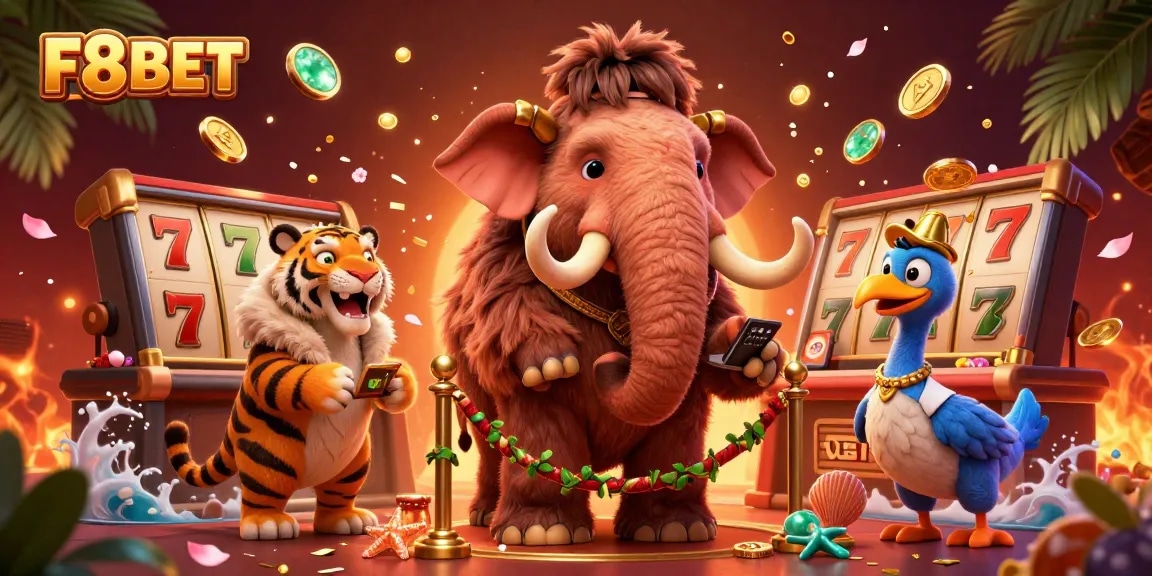 Engage with thrilling gaming at F8BET, where a woolly mammoth bouncer checks IDs in a festive casino scene.