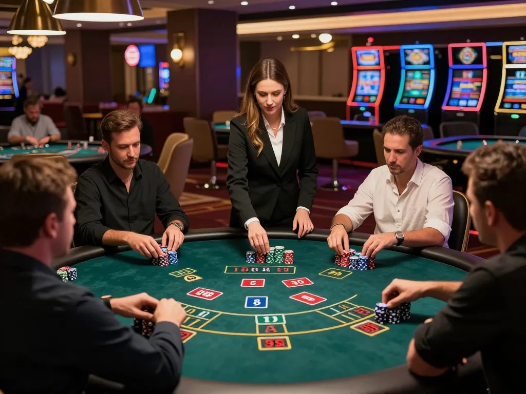 Strategic players engaging in blackjack at w188 casino table, showcasing an immersive gaming environment