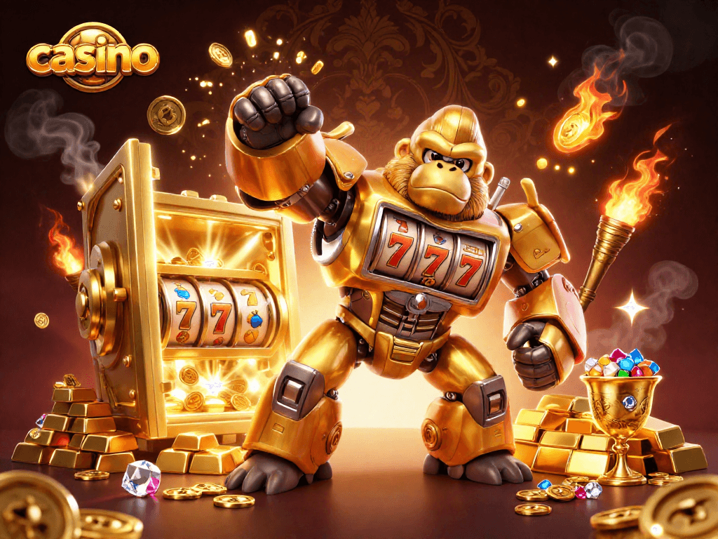 Casino-themed illustration featuring golden gorilla mech with slot machine parts and dynamic treasure effects.