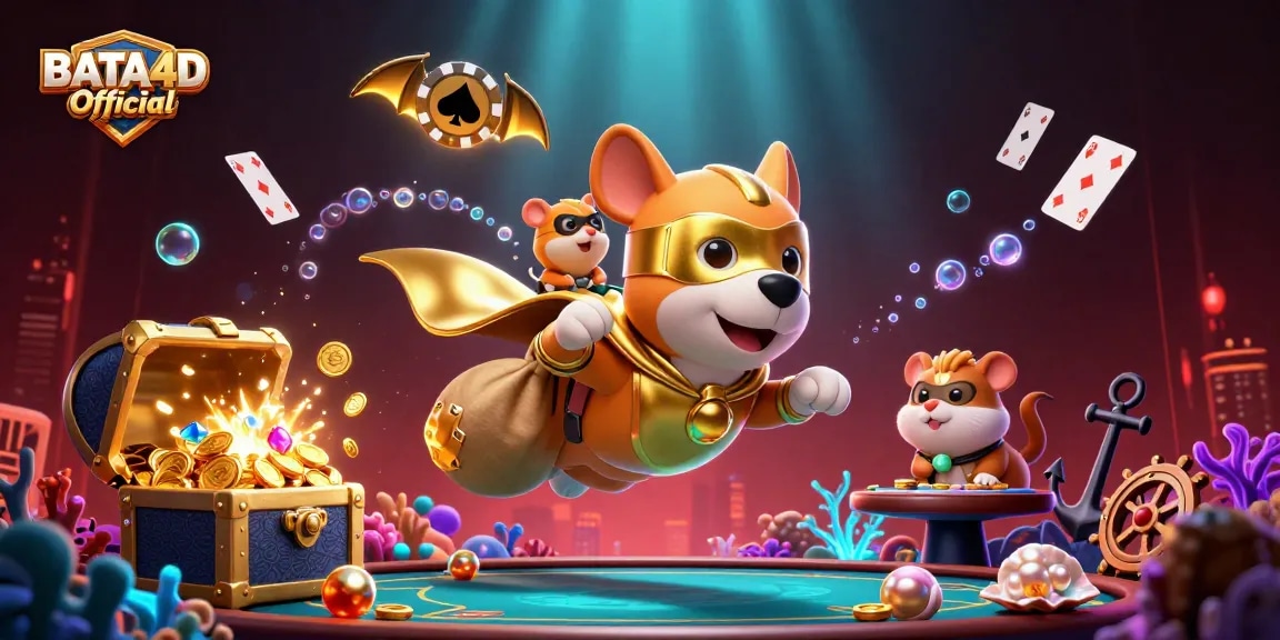 Visualisasi dinamis BATA4D Official dengan anjing superhero terbang, koin emas, dan kartu poker.