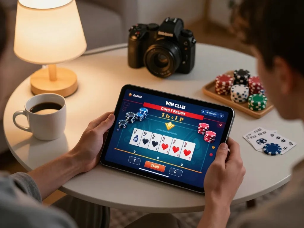 IWIN CLUB player immersing in online poker gameplay at home, showing tablet screen with poker interface and cozy environment.