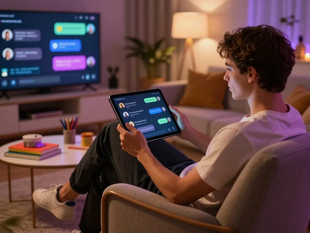 Engaging in ai sex chat with a vibrant virtual AI companion interface in a cozy setting.