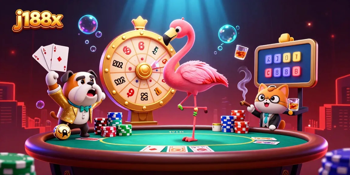 Spin to win big with j188x! Exciting gambling scene featuring a flamboyant show host and colorful poker action.