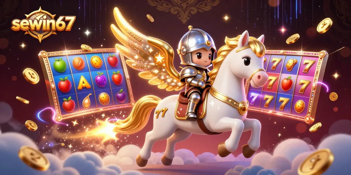 Mainkan slot di seawin67 dengan kuda surgawi dan kesatria, simbol keberuntungan bertebaran.