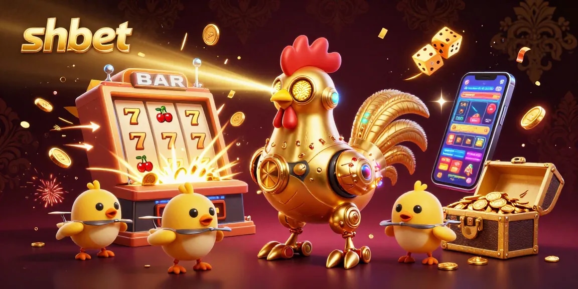 Experience the excitement of shbet with a vibrant 3D casino scene featuring a golden rooster robot and a slot machine bursting with rewards.