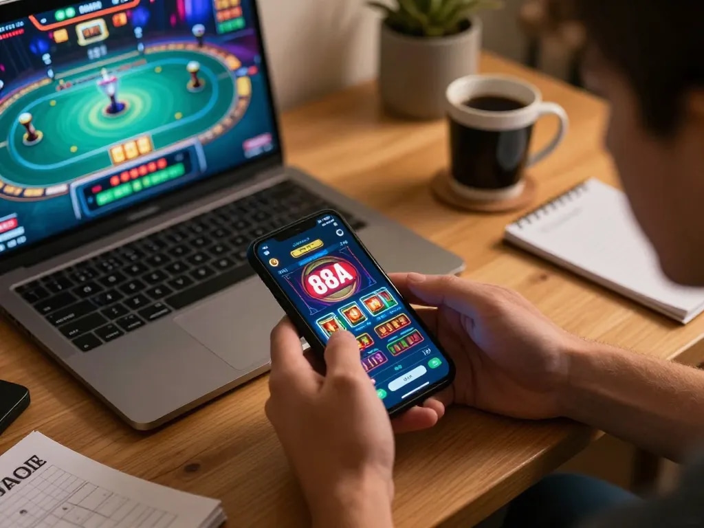 Player enjoying 88aa casino app on mobile while analyzing poker strategies