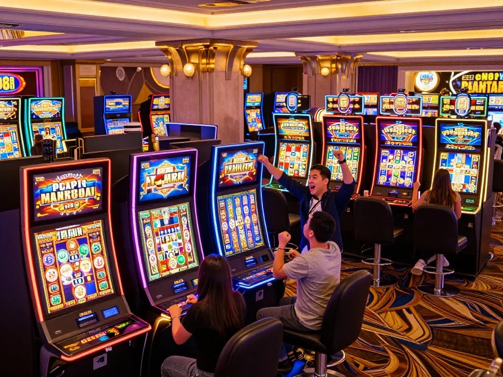 Players celebrating a big win at cm88 casino slot machines with vibrant neon lights