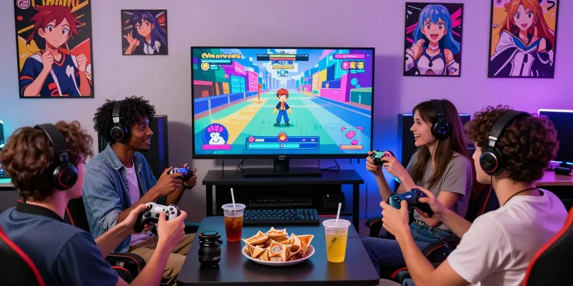Friends enjoying an ecchi game together in a vibrant gaming setup.