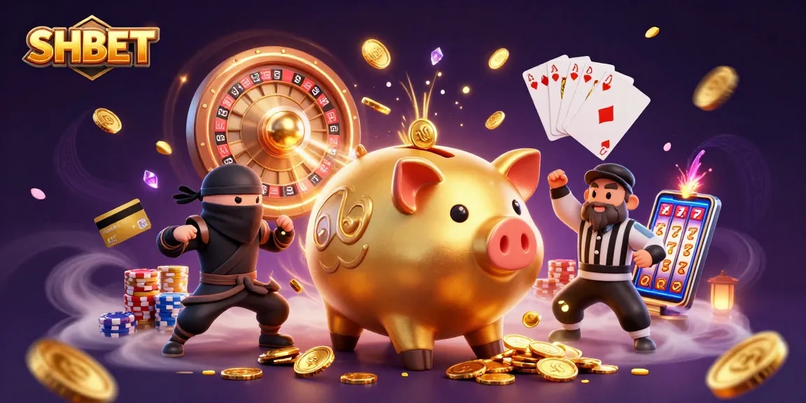 SHBET offers thrilling gaming experiences with golden piggy bank characters amid vibrant casino elements.