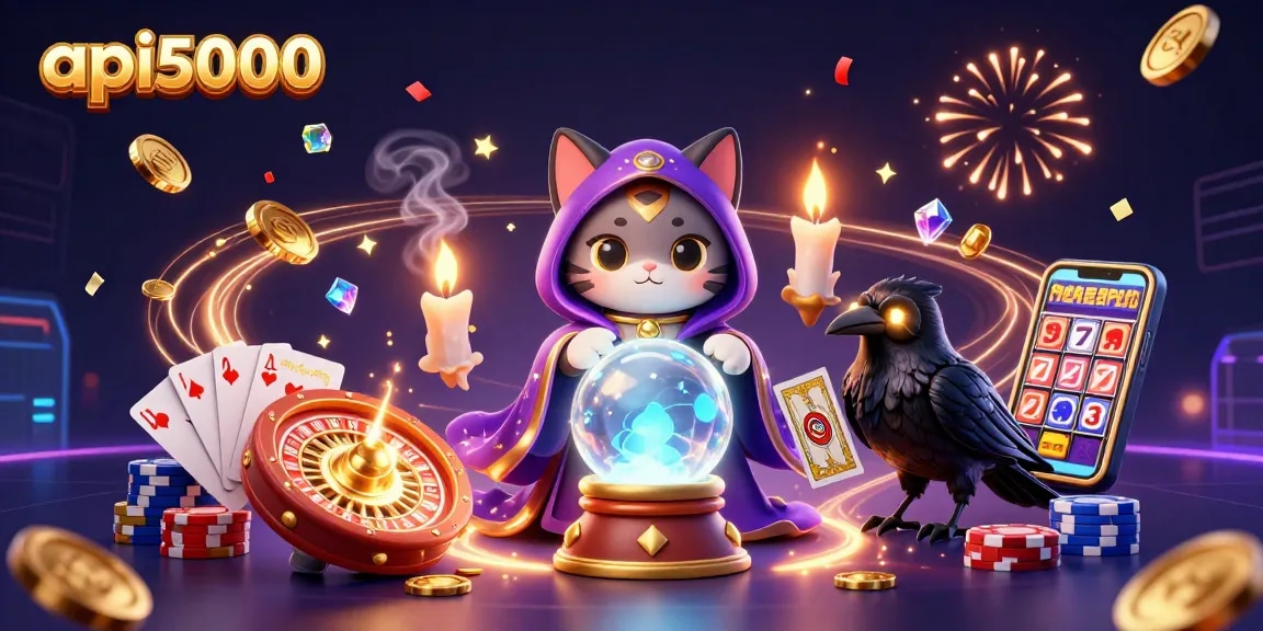 Slot api5000 mempersembahkan ilustrasi 3D dengan tokoh kucing mistik dan struktur kasino yang menarik.