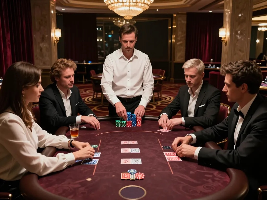 Hay88 poker players strategizing in a luxurious casino setting during an exciting game.