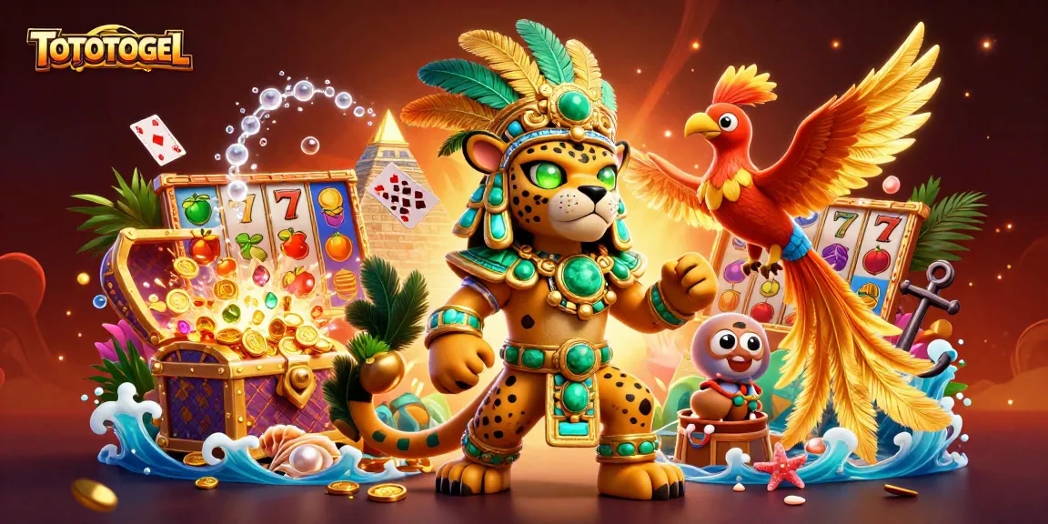 Experience the excitement of TOTOTOGEL with vibrant slot reels, a Mayan jaguar priest, and stunning treasures.