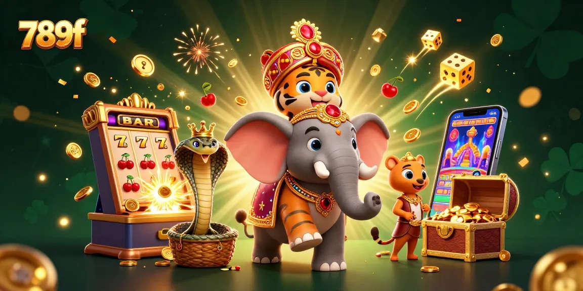 Experience the vibrant world of 789f through this captivating illustration of a cartoon tiger and elephant amidst dynamic casino elements.