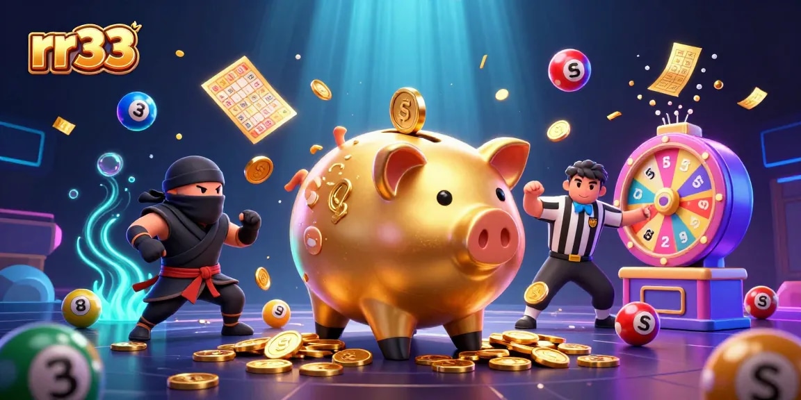 Experience the excitement of rr33 with a golden piggy bank sumo wrestler amidst dynamic lottery elements.