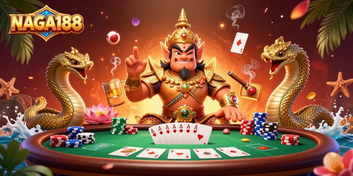 NAGA188 mempersembahkan ilustrasi 3D kartun kasino dengan karakter penjaga kuil dan unsur poker yang menarik.