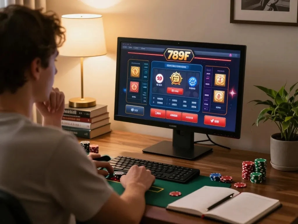 Engaged player at 789F online casino, focusing on poker strategy with chips visible